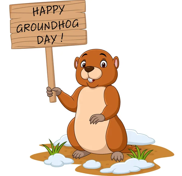 Ilustração Vetorial Feliz Dia Marmota Engraçado Marmota Segurando Sinal Madeira —  Vetores de Stock