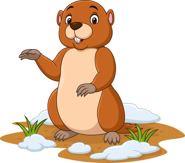 Ilustração Vetorial Cartoon Engraçado Groundhog Acenando Mão — Vetor de Stock