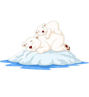 Karikatür anne ve bebek kutup ayısının buz üzerinde uyumasının vektör çizimi
