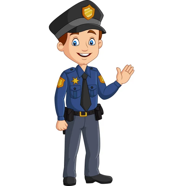 Ilustração Vetorial Desenho Animado Sorridente Policial Acenando Mão — Vetor de Stock