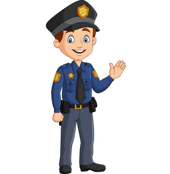 Vector illustration of Cartoon smiling policeman waving hand