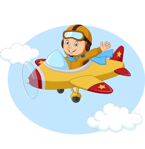 Vector Illustration Cartoon Little Boy Operating Plane — Stock Vector