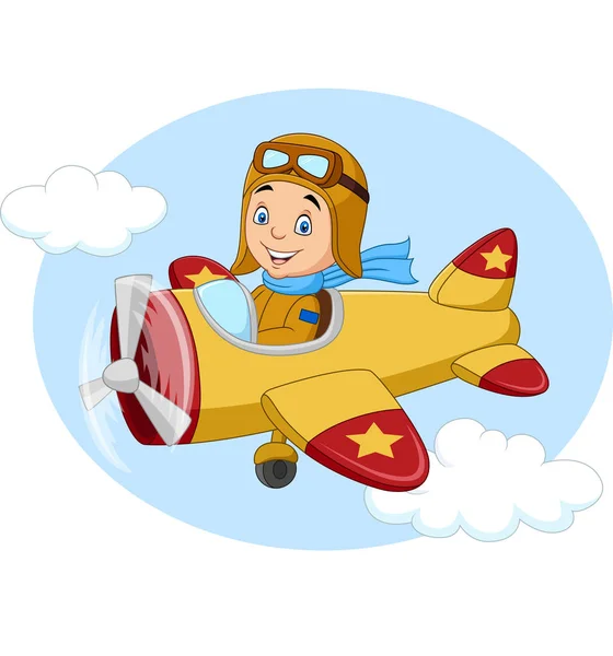 Ilustrație Vectorială Desenului Animat Little Boy Care Operează Avion — Vector de stoc