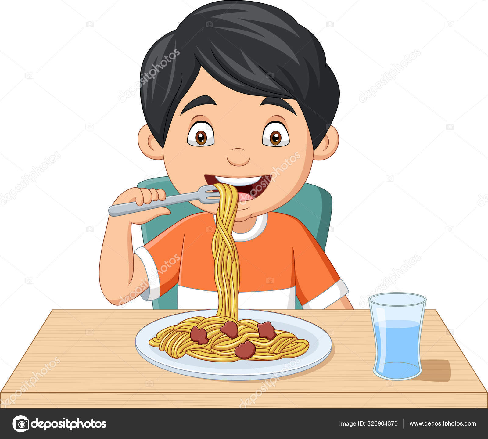 Ilustración Vectorial Dibujos Animados Niño Comiendo Espaguetis