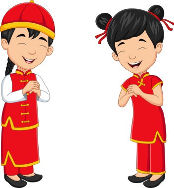 Geleneksel Çin kostümü giyen Çinli çocukların vektör illüstrasyonu
