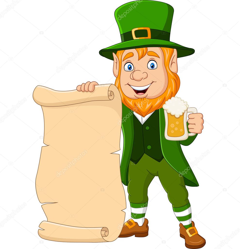 Vector illustration of Cartoon Leprechaun holding a mug beer and scroll parchment 