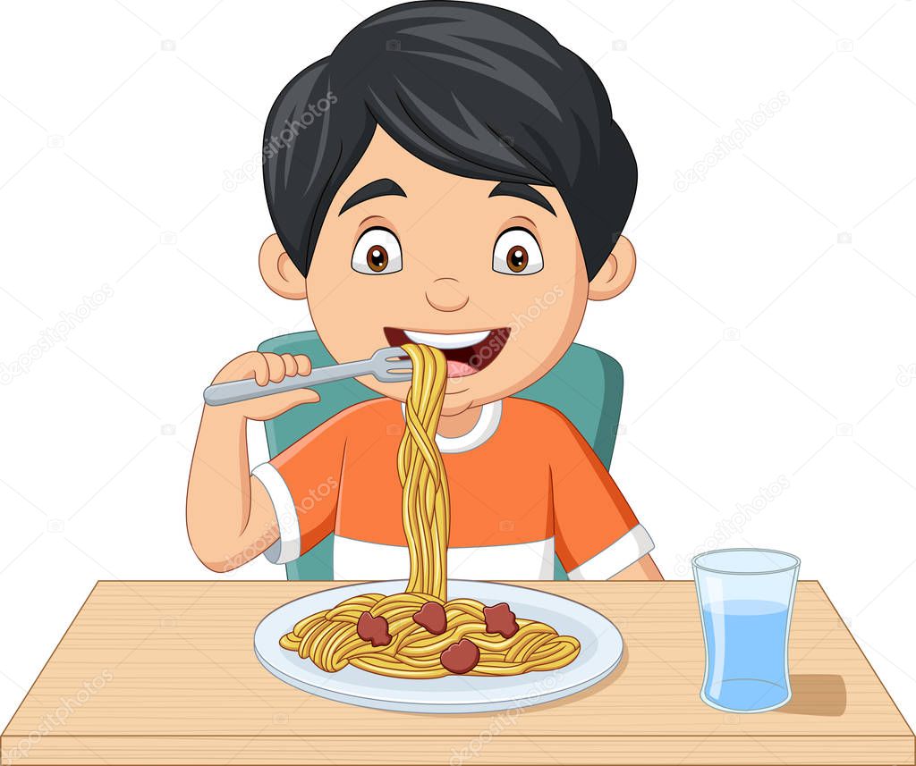 Vector illustration of Cartoon little boy eating spaghetti