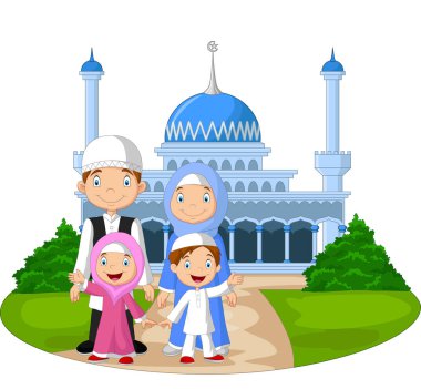 Karikatür 'ün temsilcisi cami önünde mutlu Müslüman aile.