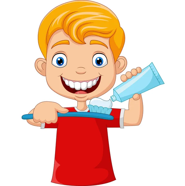 Векторна Ілюстрація Милий Маленький Хлопчик Чистить Зуби — стоковий вектор