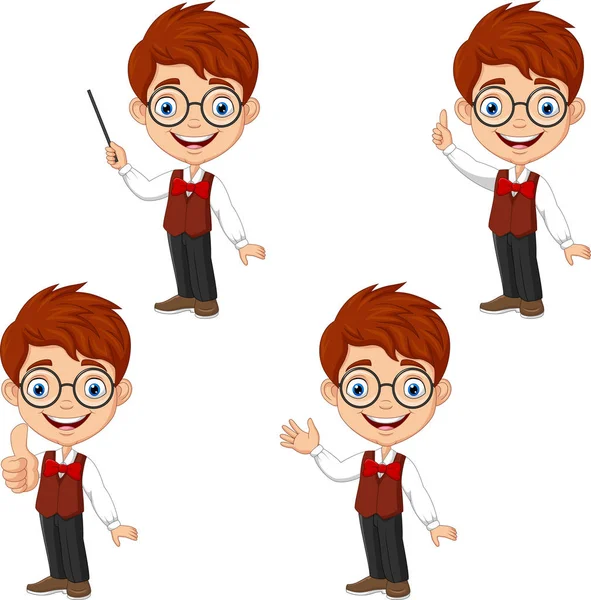 Ilustración Vectorial Cartoon Smart Boy Diferentes Poses — Archivo Imágenes Vectoriales