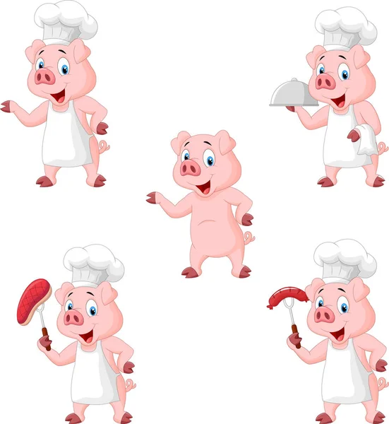 Vektor Illustration Von Cartoon Pig Chef Kollektion Set — Stockvektor