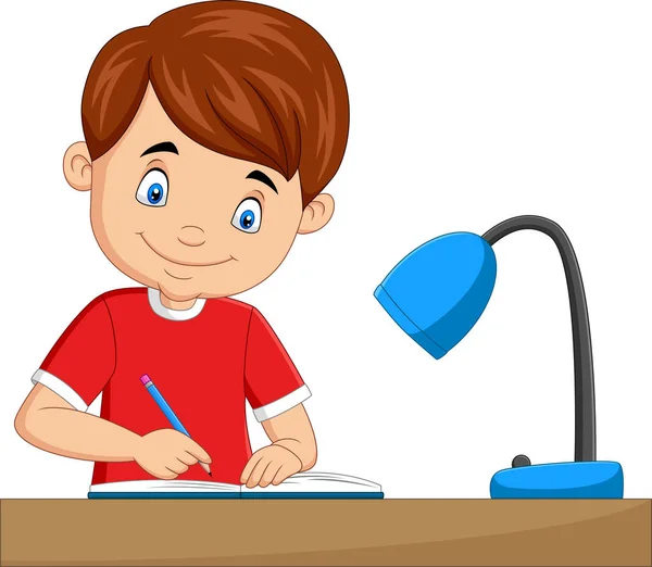 Ilustración Vectorial Del Niño Dibujos Animados Estudiando Sobre Mesa — Archivo Imágenes Vectoriales