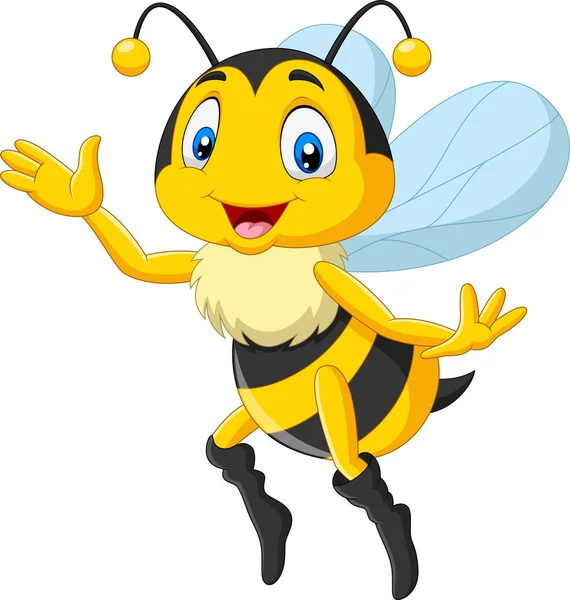 Vektor Ilustrasi Cartoon Happy Bee Melambaikan Tangan - Stok Vektor