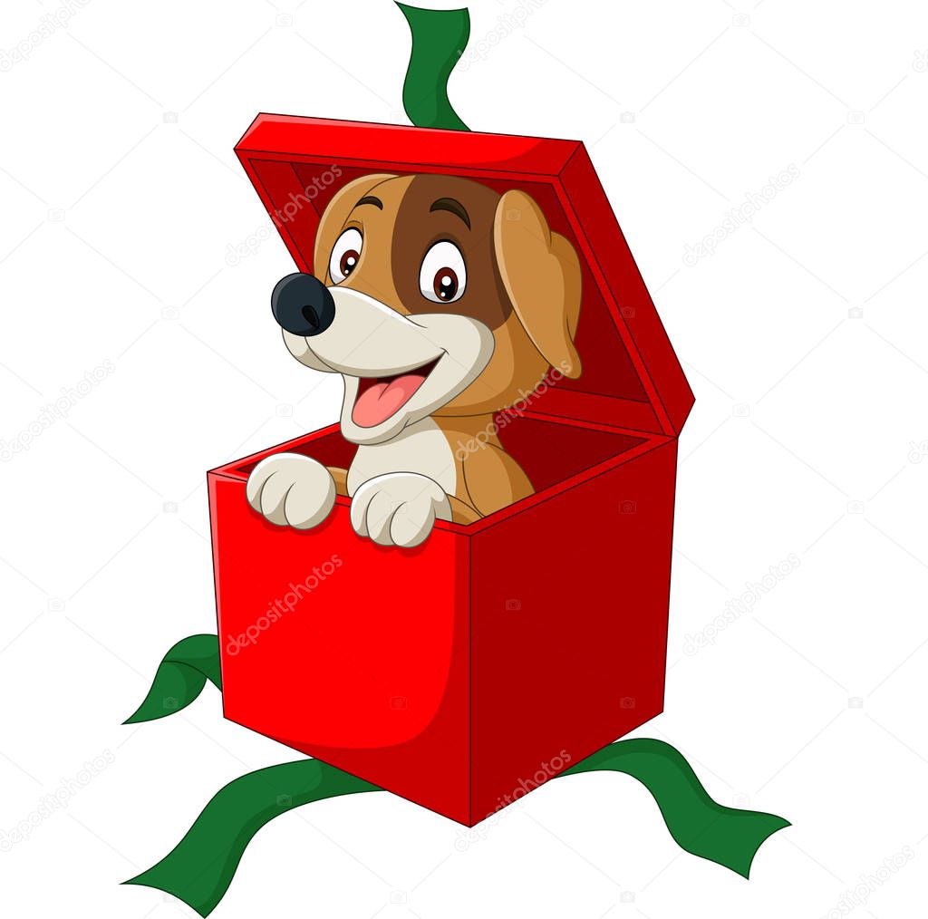 Vector illustration of Cartoon dog peeking out of red gift box