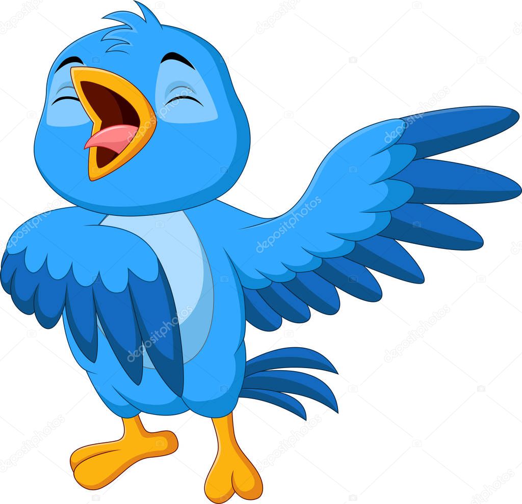 Vector illustration of Cartoon blue bird singing on white