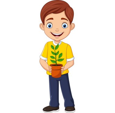 Elinde saksı olan gülümseyen çocuğun vektör çizimi.