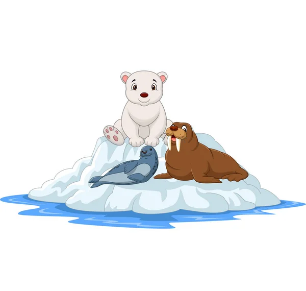 Illustrazione Vettoriale Degli Animali Artici Dei Cartoni Animati Sugli Iceberg — Vettoriale Stock