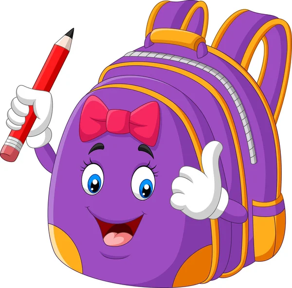 Vector Illustration Cartoon Purple School Backpack Holding Pencil Giving Thumbs — ストックベクタ