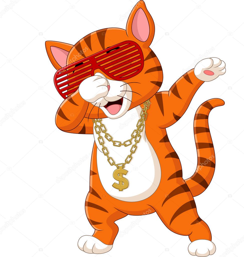 Vector illustration of Funny cat dabbing cartoon wearing sunglasses, hat, and gold necklace