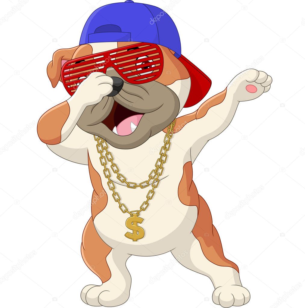 Vector illustration of Cute dog dabbing dance wearing sunglasses, hat, and gold necklace