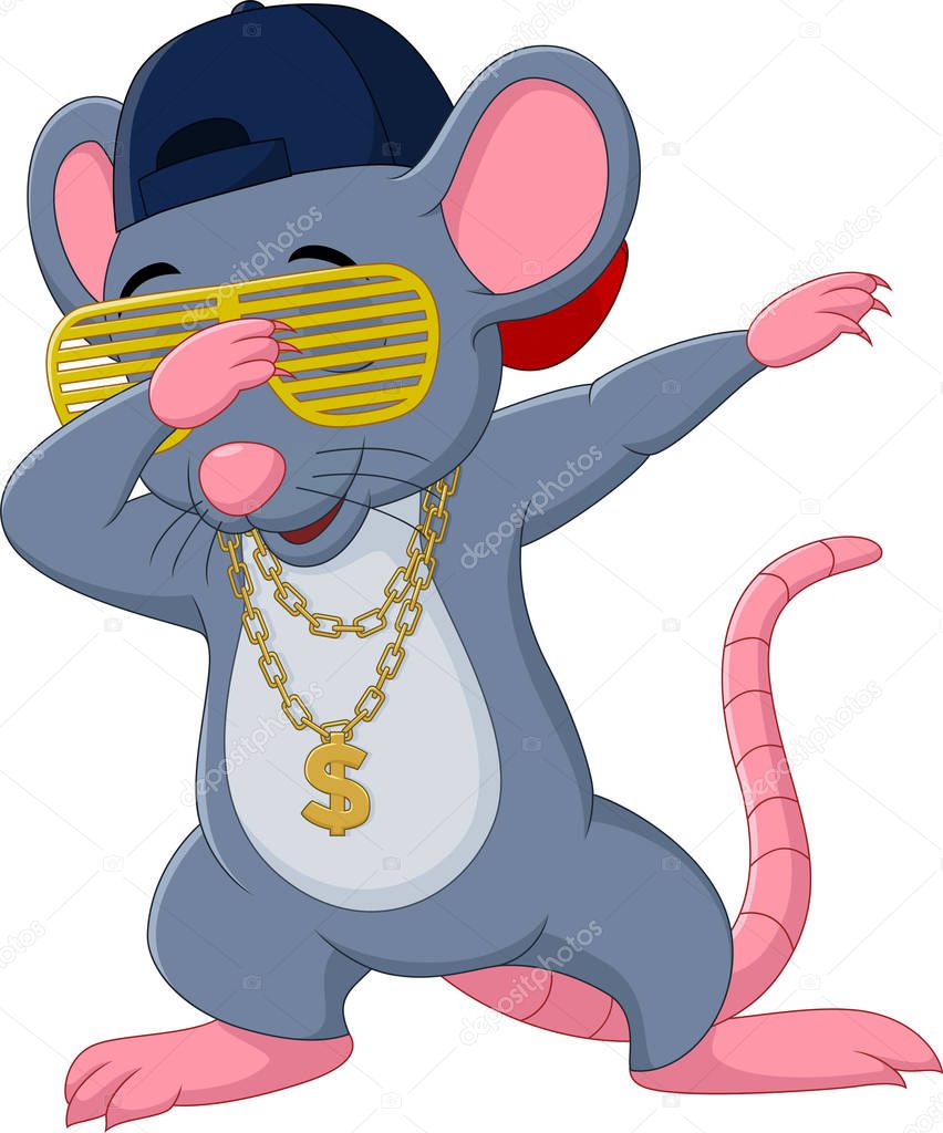Vector illustration of Cartoon mouse dabbing dancing wears sunglasses, hat, and gold necklace