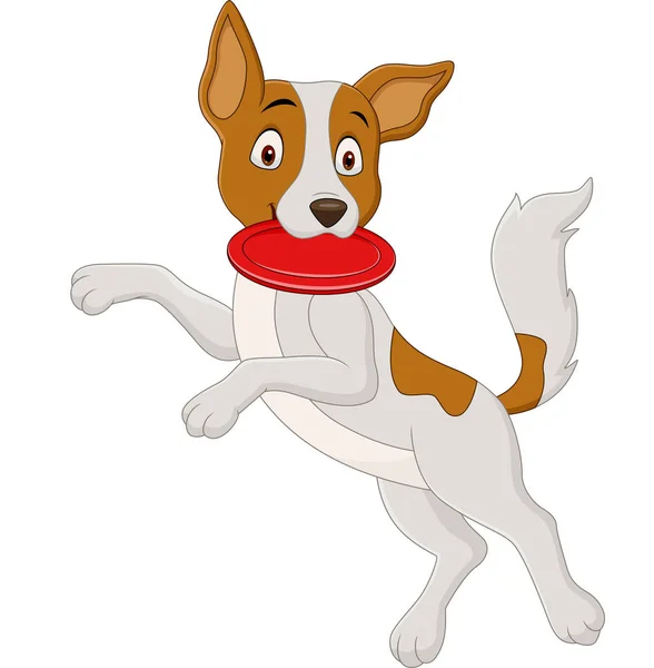 Εικονογράφηση Διάνυσμα Του Σκύλου Κινουμένων Σχεδίων Παίζει Ιπτάμενο Δίσκο — Διανυσματικό Αρχείο