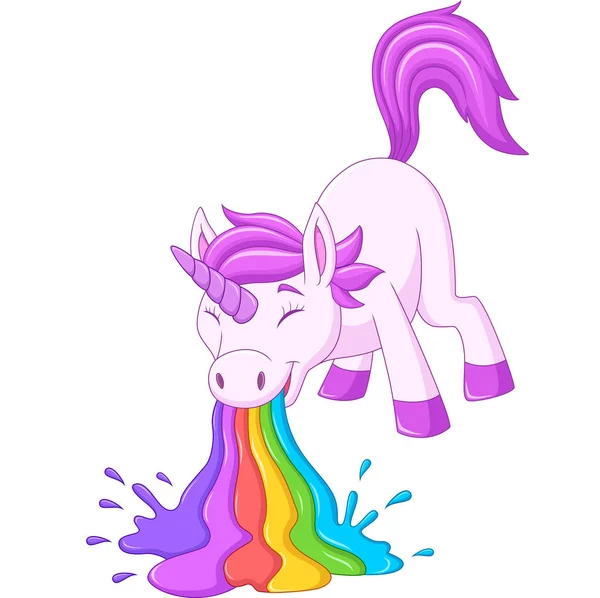 Vector Illustration Cartoon Funny Unicorn Pukes Liquid Rainbow — Stock Vector