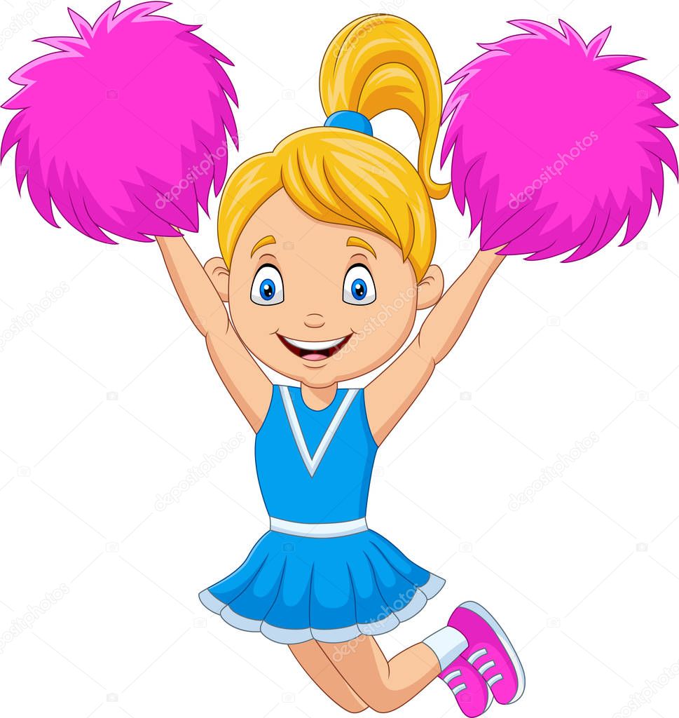Vector illustration of Happy cheerleader in blue uniform with pom poms