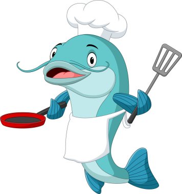 Çizgi film yayın balığı şefinin vektör çizimi. Elinde kızartma tavası ve spatula var.