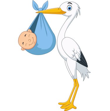 Çizgi film leyleğinin yeni doğmuş bir bebeği taşımasının vektör çizimi