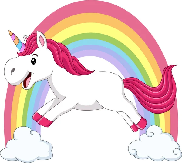 Vector Illustration Cute Magical Unicorn Walking Clouds Rainbow — Stock Vector