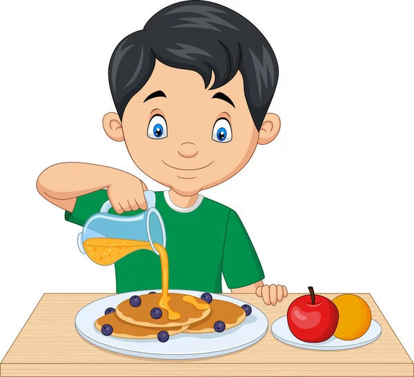 Vector Illustration Little Boy Flowing Maple Syrup Pancakes Blueberries — 스톡 벡터