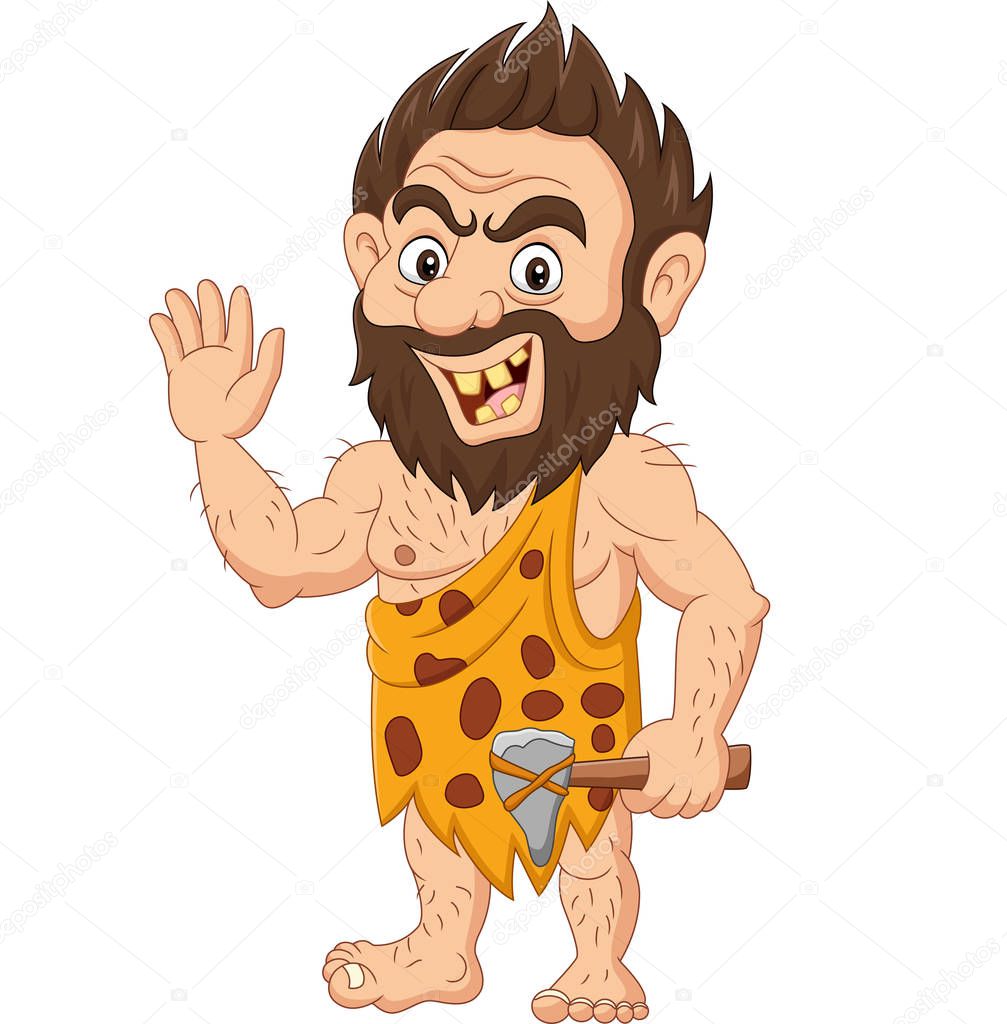 Vector illustration of Cartoon caveman holding a stone hammer and waving