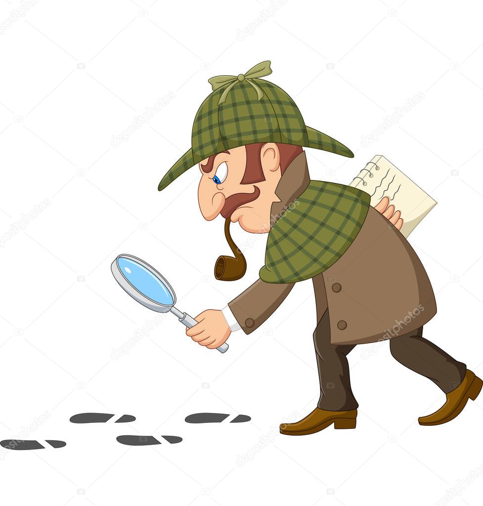 Vector illustration of Cartoon of a detective investigate following footprints