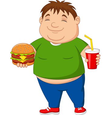 Hamburger ve soda içen kilolu çocuğun vektör çizimi