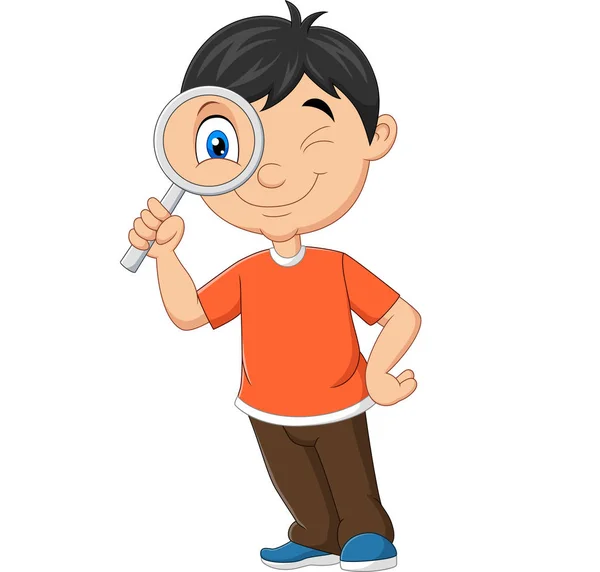 Vector Illustration Little Boy Using Magnifying Glass — 스톡 벡터