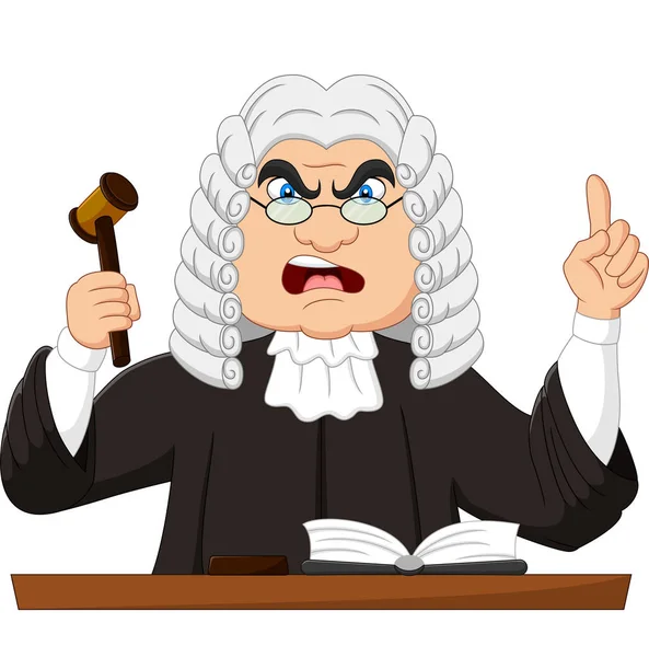 Vector Illustration Angry Male Judge Holding Gavel Pointing — Stock Vector