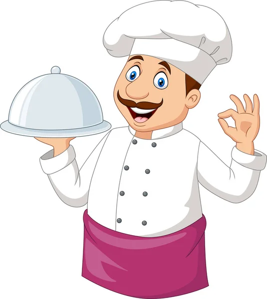 Vector Illustration Cartoon Funny Chef Holding Silver Platter Sign — Stock Vector