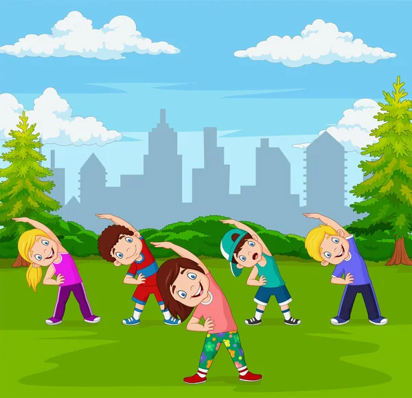 Ilustração Vetorial Desenhos Animados Crianças Exercendo Parque Cidade Verde —  Vetores de Stock