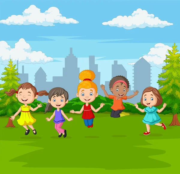 Illustration Vectorielle Des Enfants Heureux Sautant Dans Parc Vert Ville — Image vectorielle