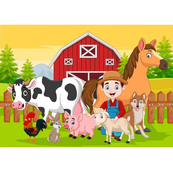 农庄里的卡通农民和农场动物的病媒图解 — 图库矢量图片