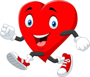 Cartoon Heart 'ın sağlıklı kalmak için koştuğunu gösteren vektör çizimi.
