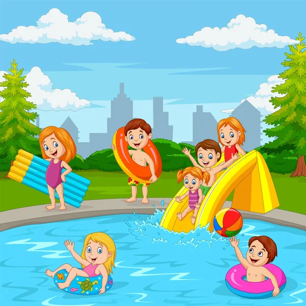 卡通快乐家庭在游泳池玩耍的矢量图解 — 图库矢量图片