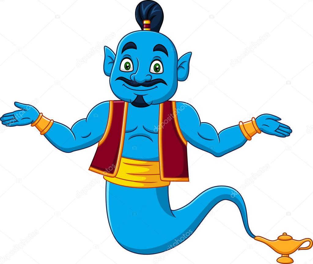 Vector illustration of Cartoon genie appear from magic lamp 