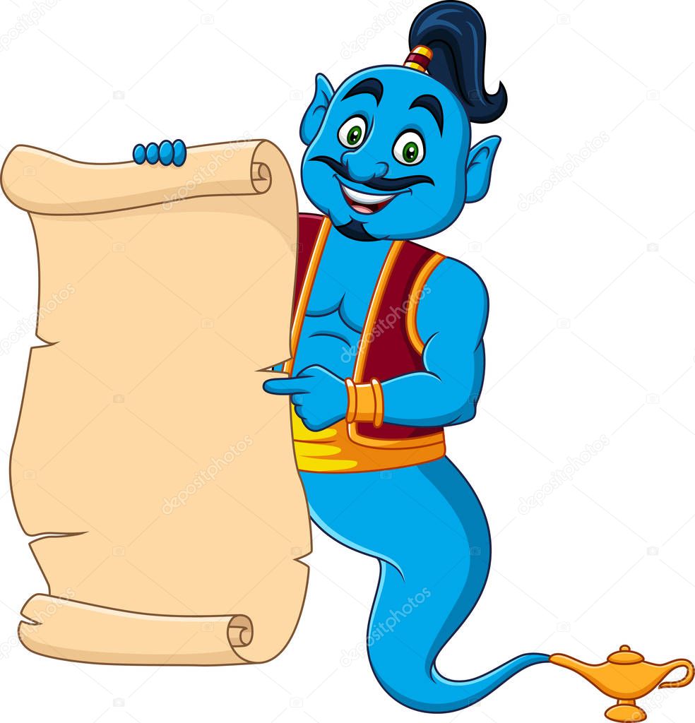 Vector illustration of Cartoon genie holding blank scroll paper