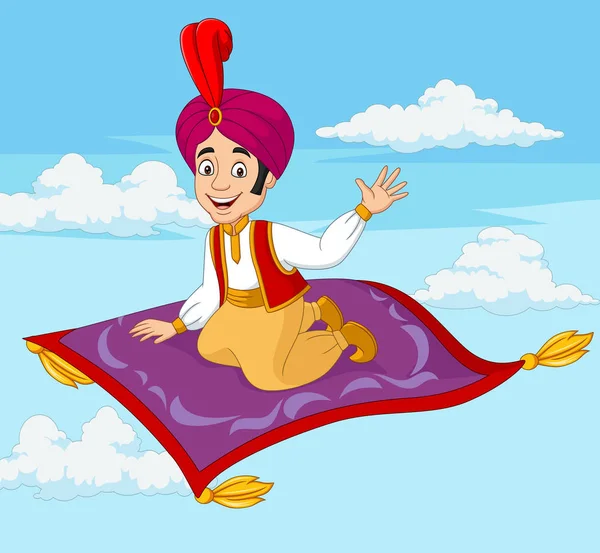 Vector Illustration Cartoon Aladdin Travelling Flying Carpet — Stock Vector