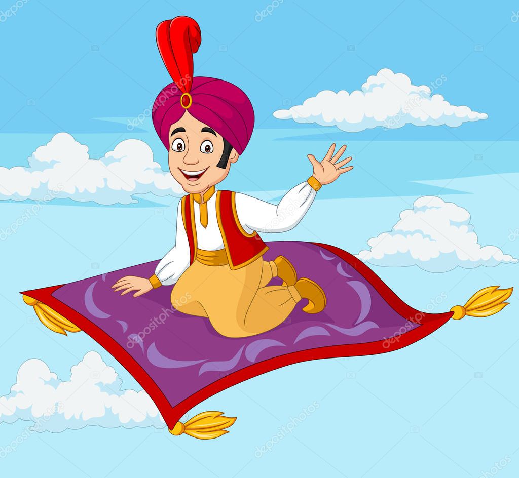 Vector illustration of Cartoon aladdin travelling on flying carpet 