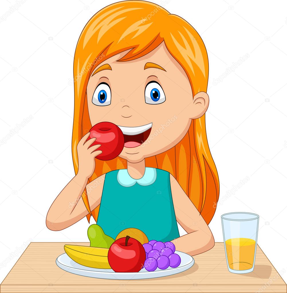 Vector illustration of Little girl eating fruits at the table 