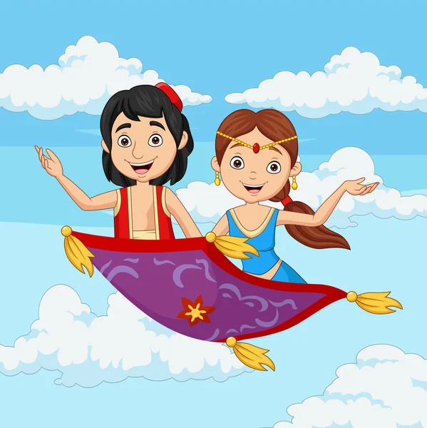 Ilustração Vetorial Aladdin Dos Desenhos Animados Jasmim Viajando Tapete Voador — Vetor de Stock