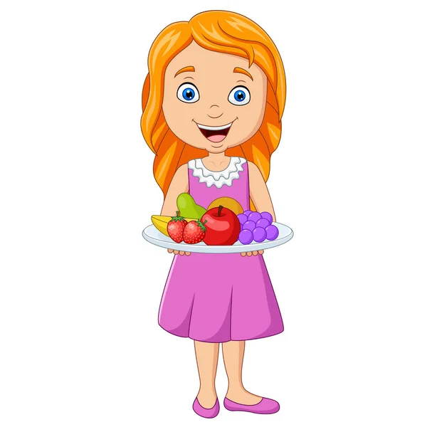 Vector Illustration Little Girl Holding Dish Fresh Fruits — 스톡 벡터